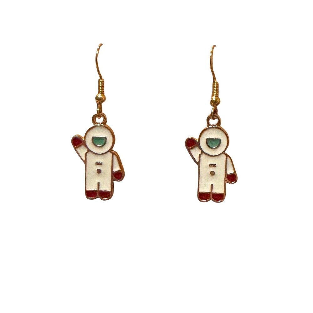 Enamel Astronaut Charm on 10kt Gold Earrings #2164